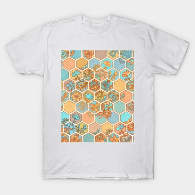 Golden Honeycomb Tangle - hexagon doodle in peach, blue, mint & cream T-Shirt by micklyn